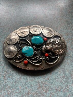 Vintage Handmade Southwestern Squaw Wrap Buckle Genuine Turquoise Buffalo Eagle